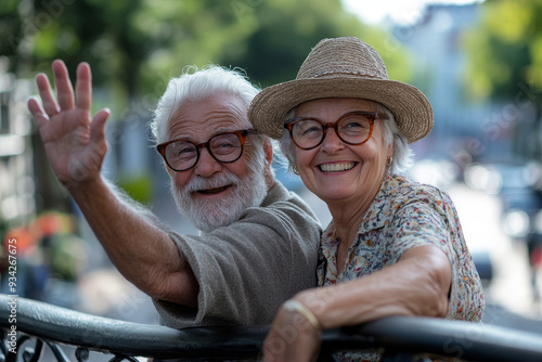 Happy seniors wave from a bridge, Generative AI photo