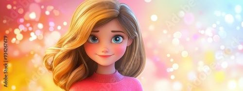 Charming 3D cartoon girl in front of a bright background