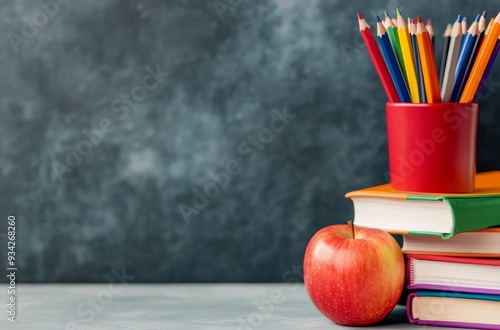 Colorful pencils and an apple on a stack of books against a blue background