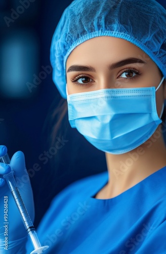 Nurse in blue scrubs holding a syringe in a clinical setting during daytime