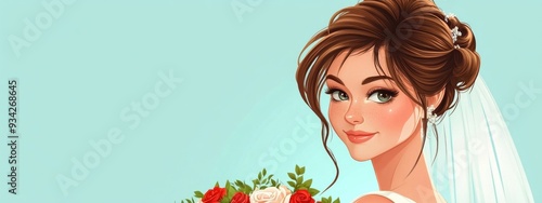 Charming Cartoon Bride with Brown Hair in Classic Wedding Style Fun Morning of the Bride Celebration
