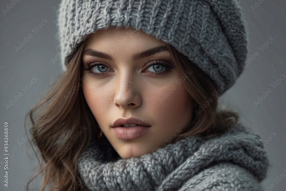 Woman in a Knitted Sweater and Autumn Hat in Gray Tones Creating a Stylish Autumn Look Woman in a Knitted Sweater and Autumn Hat in Gray Tones Creating a Stylish Autumn Look