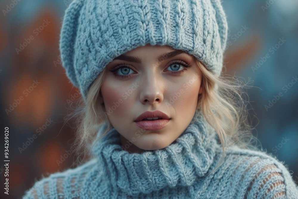 Woman in a Knitted Sweater and Autumn Hat in Light Blue Pastel Tones Creating a Stylish Autumn Look Woman in a Knitted Sweater and Autumn Hat in Light Blue Pastel Tones Creating a Stylish Autumn Look