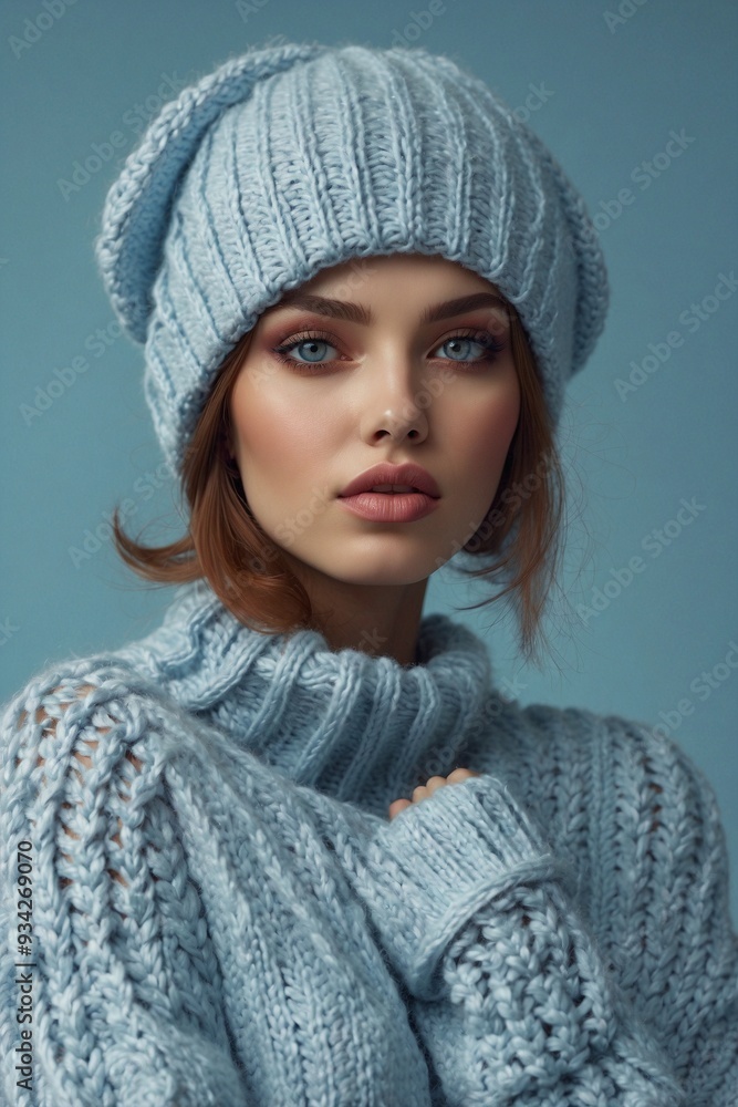 Woman in a Knitted Sweater and Autumn Hat in Light Blue Pastel Tones Creating a Stylish Autumn Look Woman in a Knitted Sweater and Autumn Hat in Light Blue Pastel Tones Creating a Stylish Autumn Look