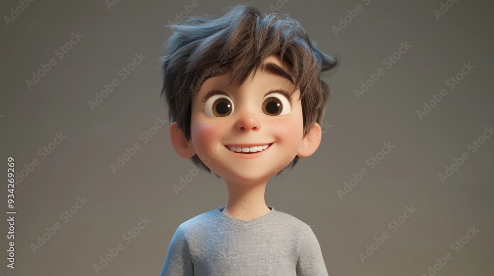 Cheerful 3D animated boy smiling on a soft gray backdrop with warm morning glow Cheerful 3D animated boy smiling on a soft gray backdrop with warm morning glow