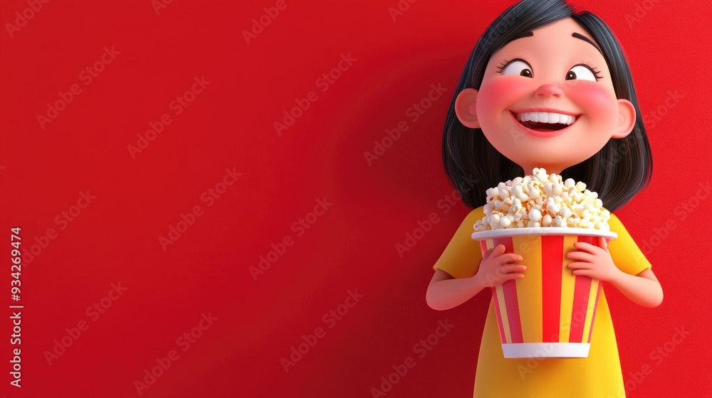 Cheerful 3D cartoon character with an oversized bucket of popcorn standing against a bright red backdrop smiling joyfully while clasping her hands in excitement Cheerful 3D cartoon character with an oversized bucket of popcorn standing against a bright red backdrop smiling joyfully while clasping her hands in excitement