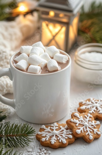 Cozy hot chocolate with marshmallows and decorated cookies by a lantern