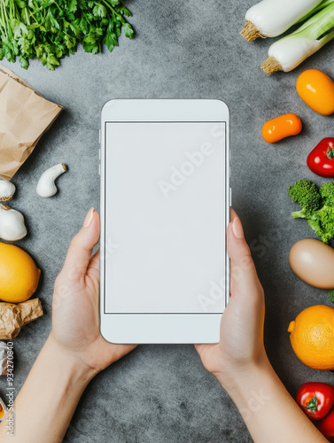 Person Holding Smartphone with Blank Screen Surrounded by Fresh Vegetables on Gray Surface photo