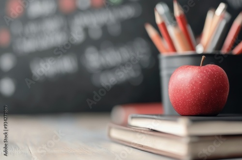 Fresh red apple sits on stacked notebooks in a classroom with colorful pencil...