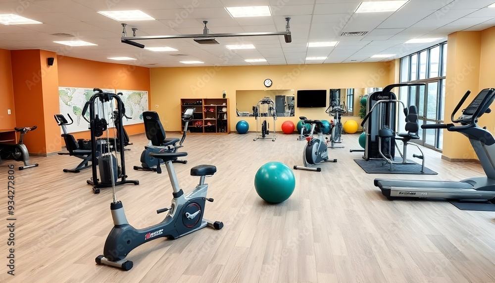 Fototapeta premium Physical education room full of fitness sport equipment for indoor training