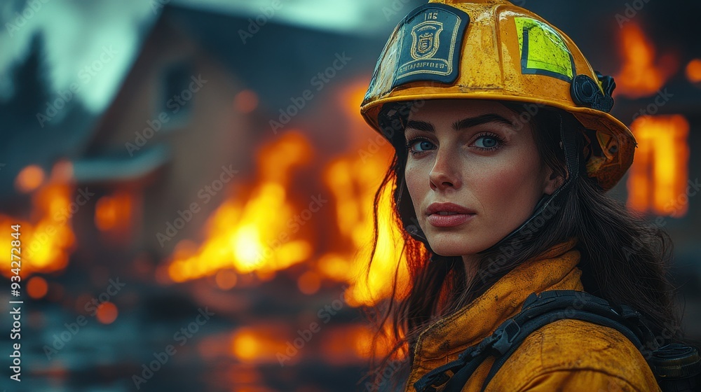 Medium Shot of Female Firefighter in Helmet Standing Near Burning House - Photorealistic, Hyperrealistic Stock Photo with Cinematic Lighting and Camera Angle
Medium Shot of Female Firefighter in Helmet Standing Near Burning House - Photorealistic, Hyperrealistic Stock Photo with Cinematic Lighting and Camera Angle