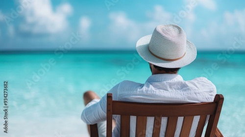 A relaxed man wearing a white hat sits comfortably on a wooden chair near the ocean, enjoying the serene beauty and tranquility of the beach. The sky is clear and blue.