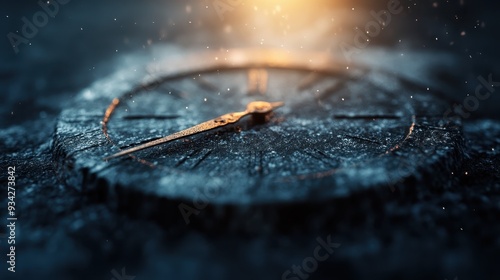 An aged stone clock face with ancient Roman numerals and glowing marks, surrounded by floating golden dust particles, symbolizing time and history intricately. photo