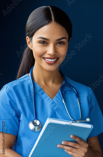 Healthcare worker in blue scrubs holding a medical chart against a dark backg...