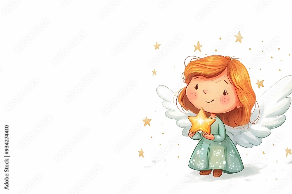 Cherubic Angel in Green Dress with Golden Hair and Star on White Background with Copy Space. A Serene Christmas Illustration. Holiday Banner Cherubic Angel in Green Dress with Golden Hair and Star on White Background with Copy Space. A Serene Christmas Illustration. Holiday Banner