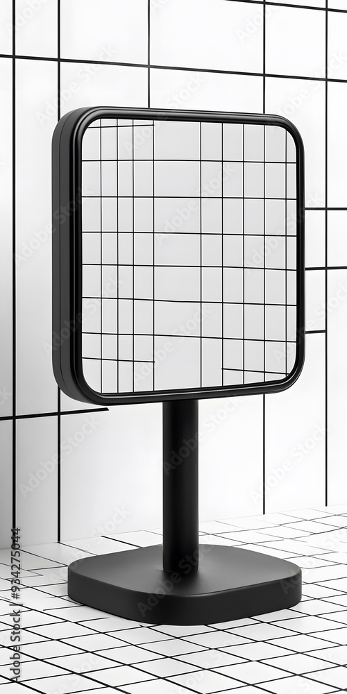 Black Modern Mirror with Square Stand on Tiled Background Black Modern Mirror with Square Stand on Tiled Background