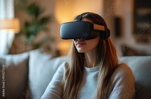 Young woman enjoying virtual reality experience at home in cozy living room