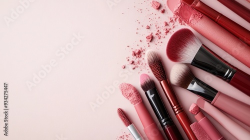 An arrangement of makeup brushes and crushed pink powders artistically spread on a soft pink backdrop, highlighting the appeal and beauty of cosmetics in a creative display.