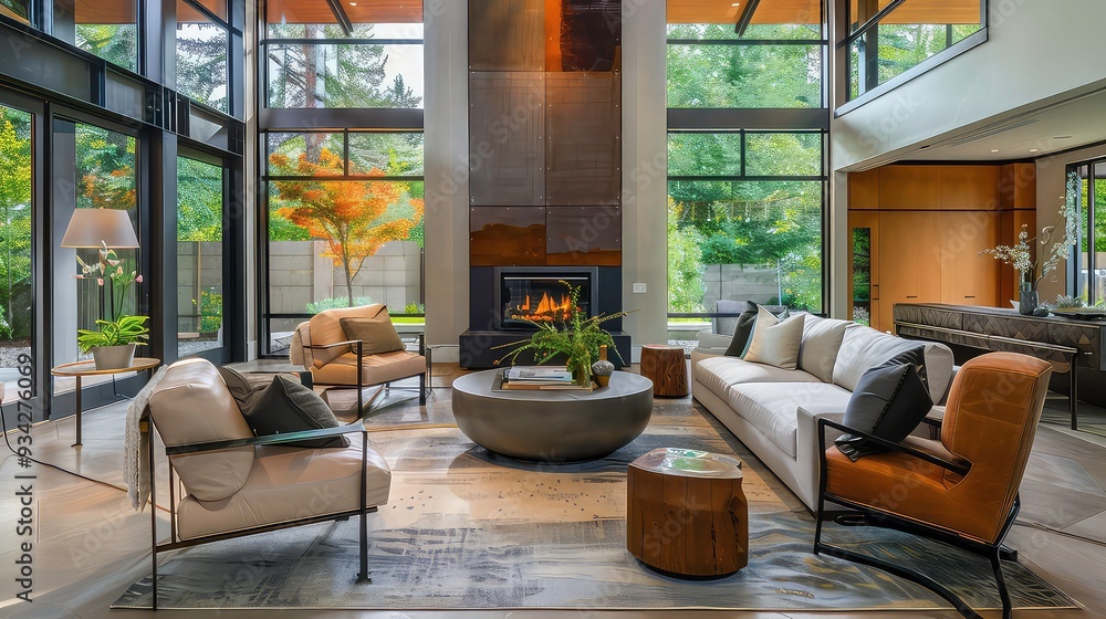 Fototapeta premium A modern living room with large windows overlooking a lush green garden, featuring a fireplace, comfortable seating, and a unique coffee table.