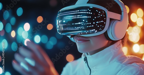 Woman experiences immersive virtual reality in a futuristic setting
