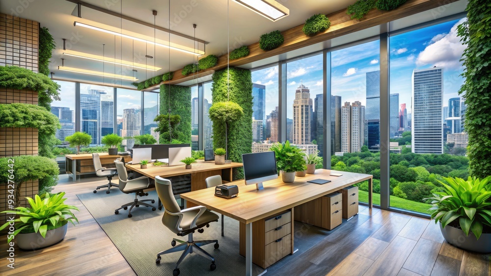 Sleek modern corporate office with lush greenery and eco-friendly elements, symbolizing sustainable business practices and environmentally responsible entrepreneurship. Sleek modern corporate office with lush greenery and eco-friendly elements, symbolizing sustainable business practices and environmentally responsible entrepreneurship.