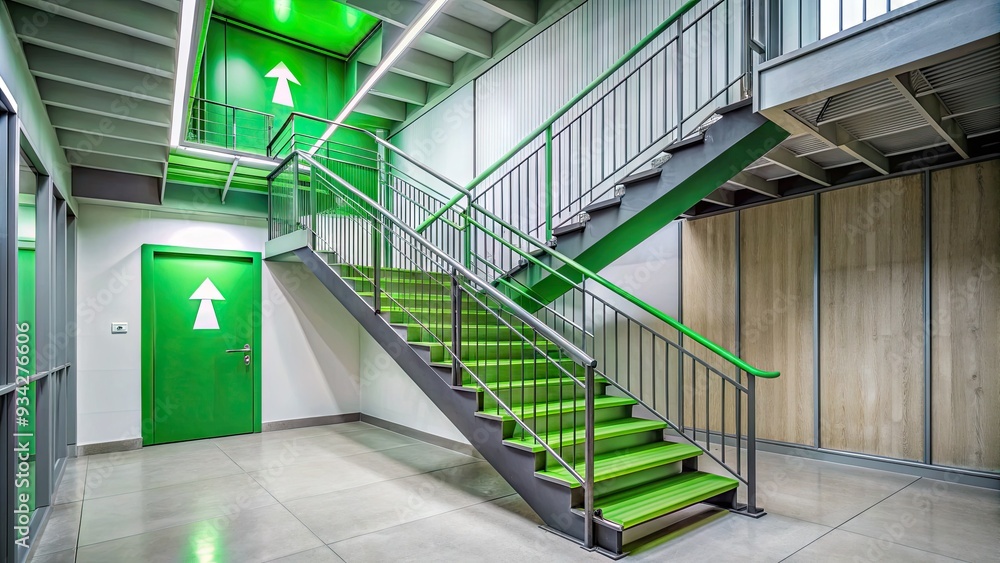 Sleek, modern emergency exit staircase with bright green railings and ...