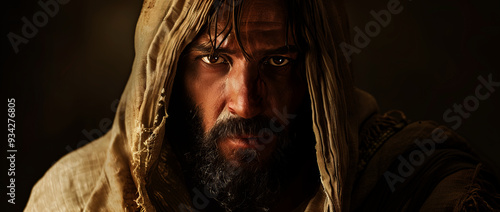  a middle-aged bearded man in a dirty linen robe with a hooded cloak,  photo