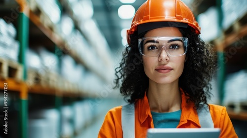 A professional woman wearing an orange helmet and safety glasses stands in a warehouse equipped with modern industrial attire, representing the dedication and discipline in the workplace. photo