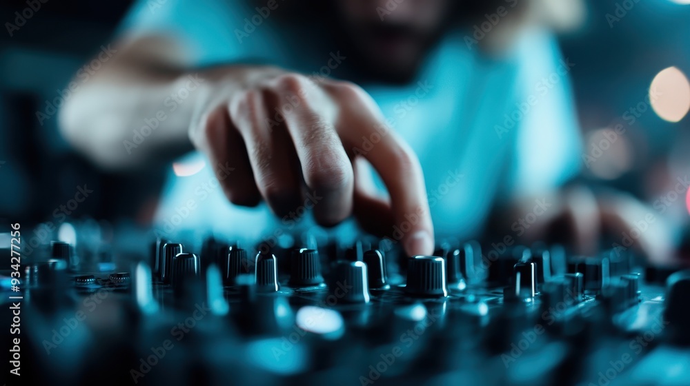 A person is seen adjusting the knobs on an audio mixing console. The focus on the hand and the knobs highlights the intricate work involved in sound engineering and music production. A person is seen adjusting the knobs on an audio mixing console. The focus on the hand and the knobs highlights the intricate work involved in sound engineering and music production.