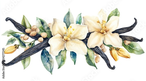 Watercolor banner featuring vanilla pods and flowers along with a collection of dried beans and leaves hand painted on paper against a white background suitable for design recipes cosmetics postcar photo