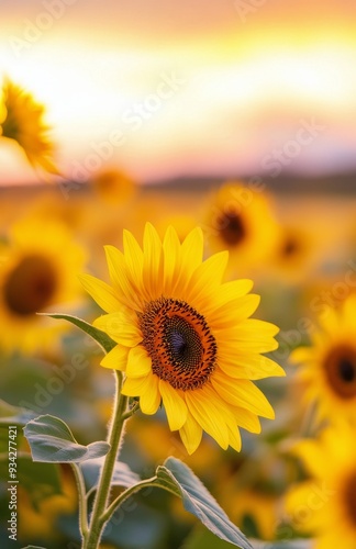Sunflowers blooming in a vibrant field during sunset