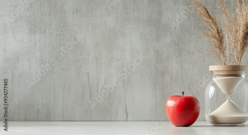 Red apple, hourglass, and sugar displayed against a textured gray background ...