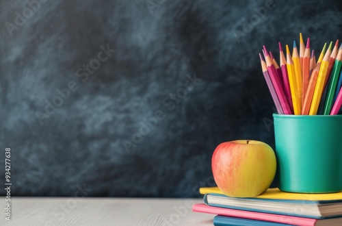 Colorful pencils in a black pot beside stacked books and an apple on a desk