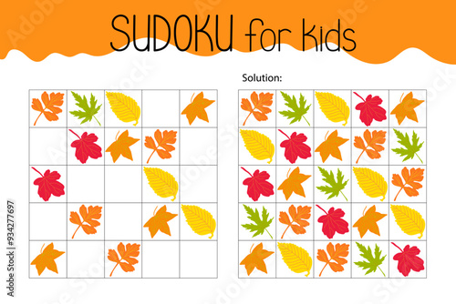 Sudoku autumn leaves educational game, leisure activity worksheet illustration, printable grid to fill in missing images, autumn seasonal topical vocabulary, puzzle with solution, teacher resources