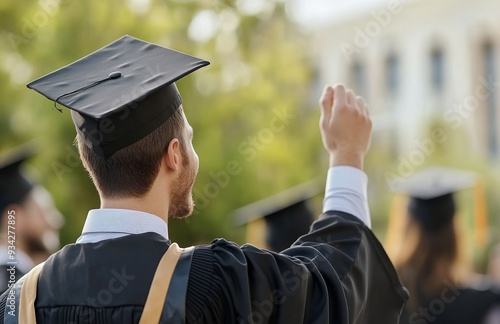 Graduate celebrating with a fist pump during the ceremony at a university cam...
