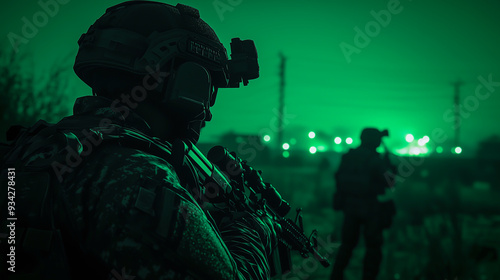 Special forces soldier on alert during a night mission, ready for action
