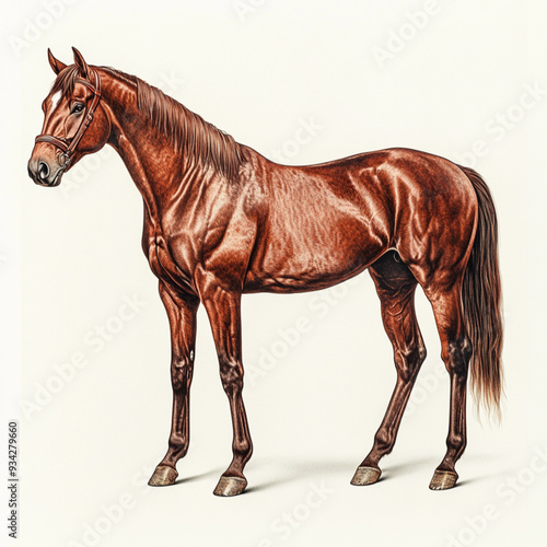 colored pencil drawing of a chocolate brown horse standing, appearing serene and peaceful and relaxed