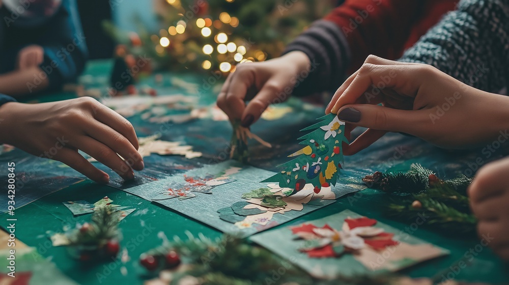 People upcycling old Christmas cards into festive decorations at a cozy gathering People upcycling old Christmas cards into festive decorations at a cozy gathering