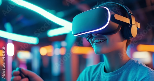 Woman experiences immersive virtual reality in a futuristic setting