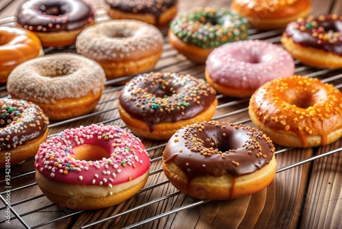 Wallpaper Mural Set of colorful donuts with sprinkles isolated on a wooden background Torontodigital.ca