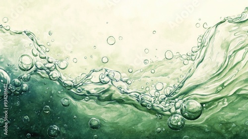 Watercolor depiction of green waves and bubbles on the water s surface