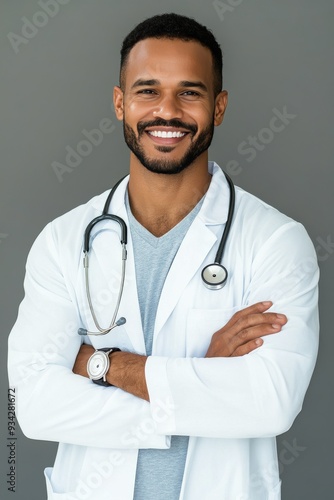 Smiling doctor in a white lab coat with a stethoscope posing confidently indoors