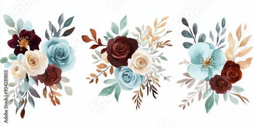 Fototapeta Naklejka Na Ścianę i Meble -  Watercolor bohemian floral arrangements featuring teal and burgundy bouquets along with mint green and brown flowers ideal for wedding invitations baby showers greeting cards and scrapbooking