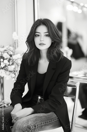 Young woman in a stylish black blazer seated in a chic salon with soft lighting
