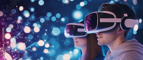People engaging in virtual reality experience with colorful light background