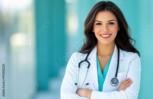 Young female doctor smiling confidently in a clinic with teal background