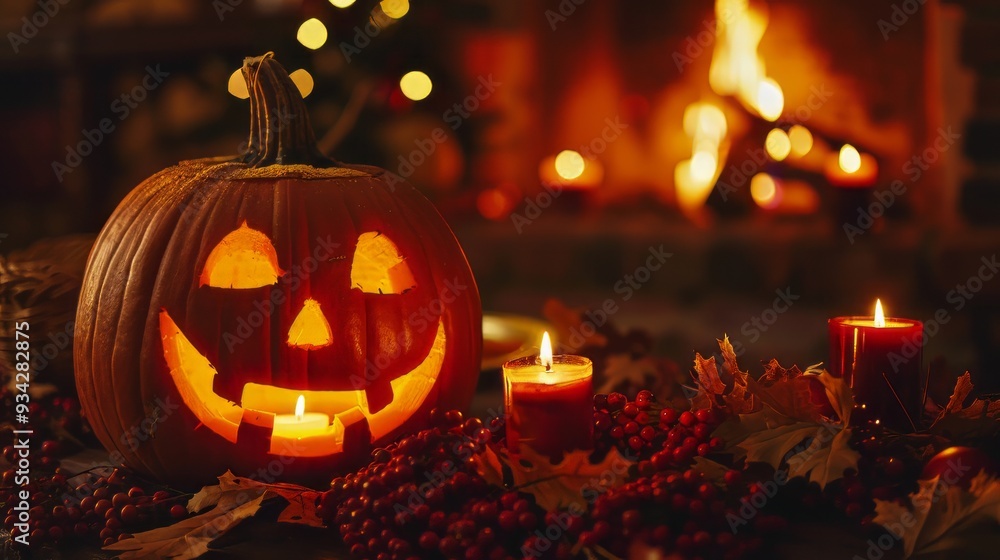 Smiling jack-o-lantern with glowing candlestick, surrounded by candles, and warm fireplace Smiling jack-o-lantern with glowing candlestick, surrounded by candles, and warm fireplace