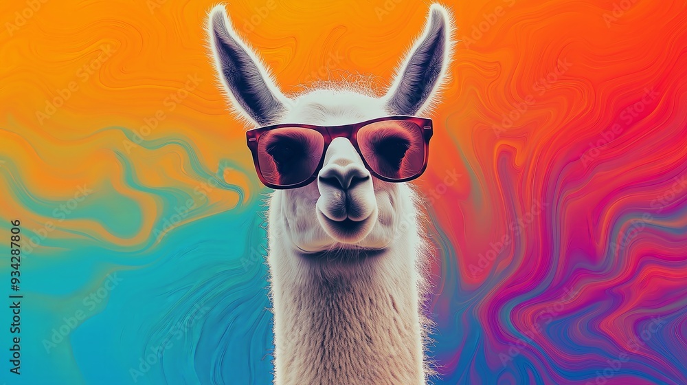 Obraz premium Cool Llama with Sunglasses on a Psychedelic Background