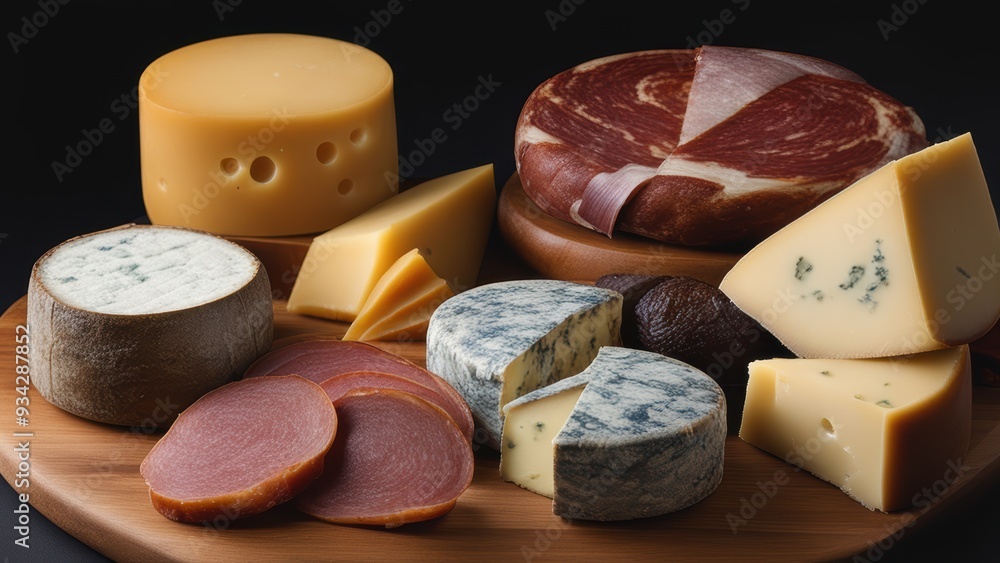 Assorted gourmet cheeses on a board offering a palette of flavors and textures in an inviting indoor setting. Assorted gourmet cheeses on a board offering a palette of flavors and textures in an inviting indoor setting.