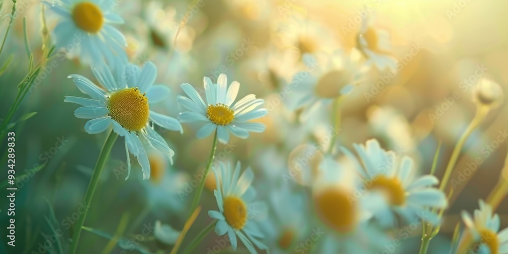 Close up of chamomile flowers gently swaying in the wind with a soft focus Ideal for cosmetic applications Close up of chamomile flowers gently swaying in the wind with a soft focus Ideal for cosmetic applications